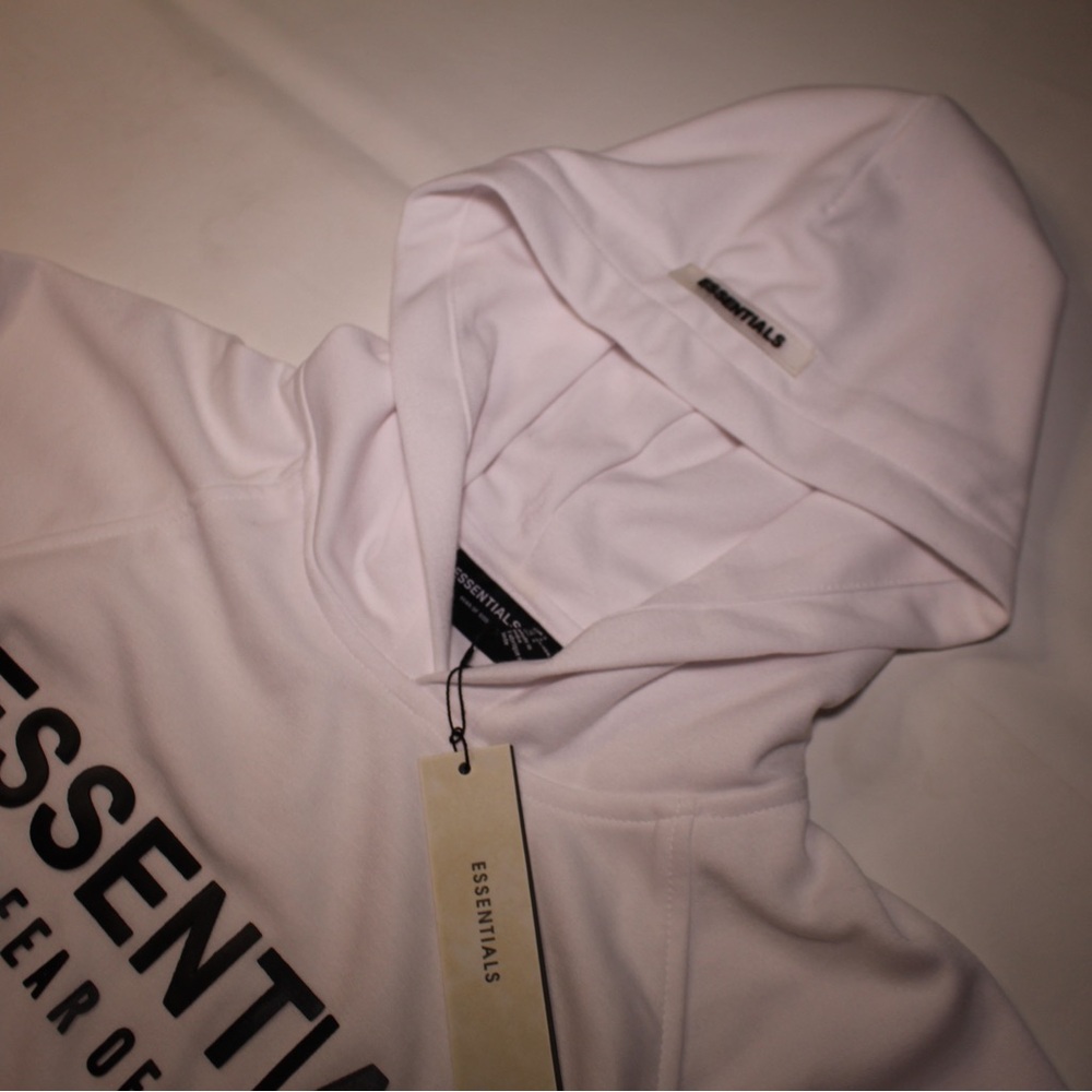 Essentials White Hoodie with Black Text